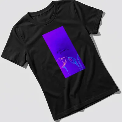 Neon outline of a hammerhead shark among colorful poppies, with bold lettering. — printed on a women's shirt