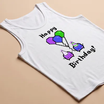 Cute pixel art Jumino characters with balloons and Happy Birthday text — printed on a tank top