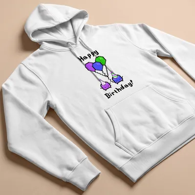 Cute pixel art Jumino characters with balloons and Happy Birthday text — printed on a unisex hoodie