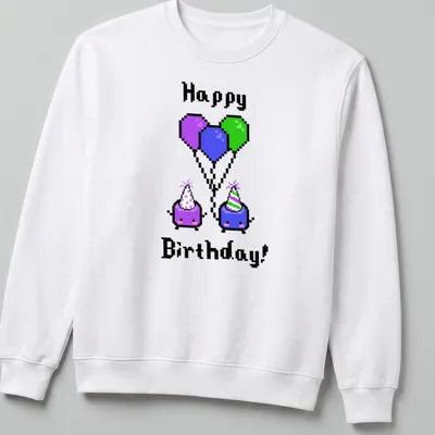 Cute pixel art Jumino characters with balloons and Happy Birthday text — printed on a unisex sweatshirt