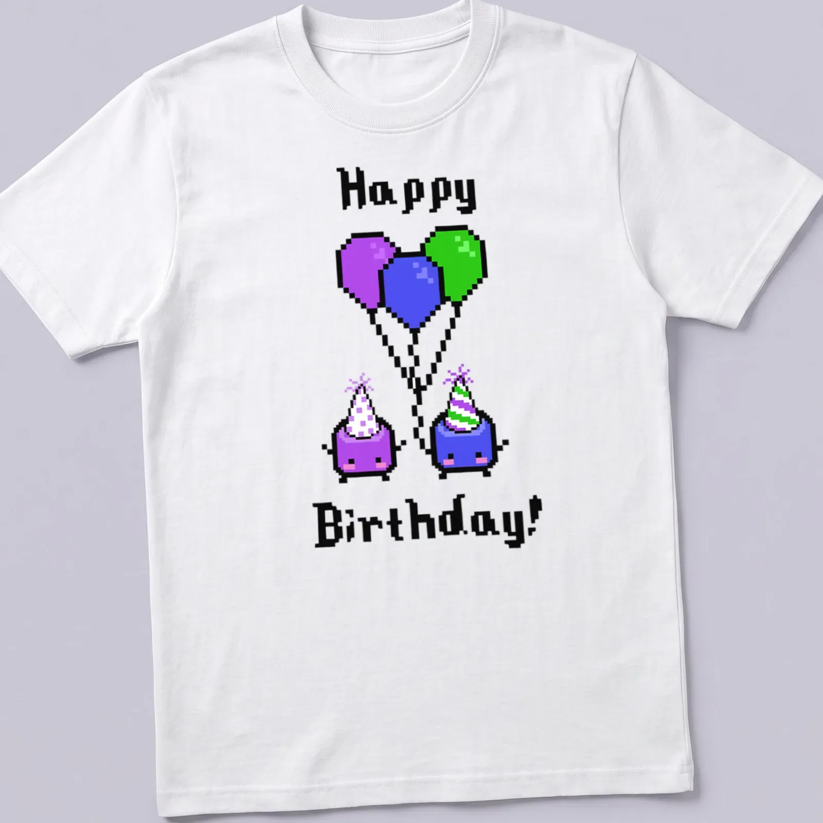 Cute pixel art Jumino characters with balloons and Happy Birthday text — printed on a unisex t-shirt