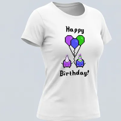 Cute pixel art Jumino characters with balloons and Happy Birthday text — printed on a women's shirt