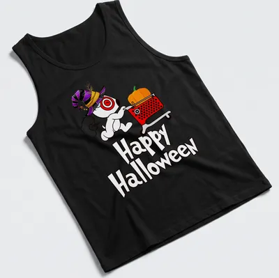 Cute dog in a shopping cart with a pumpkin for Halloween in kawaii cartoon style — printed on a tank top