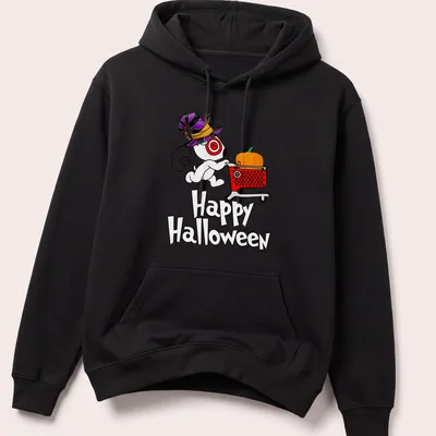 Cute dog in a shopping cart with a pumpkin for Halloween in kawaii cartoon style — printed on a unisex hoodie