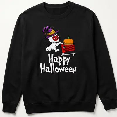 Cute dog in a shopping cart with a pumpkin for Halloween in kawaii cartoon style — printed on a unisex sweatshirt