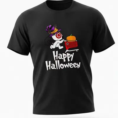 Cute dog in a shopping cart with a pumpkin for Halloween in kawaii cartoon style