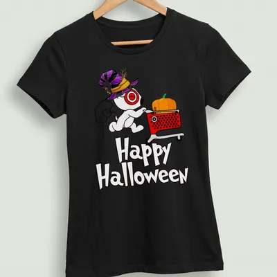 Cute dog in a shopping cart with a pumpkin for Halloween in kawaii cartoon style — printed on a women's shirt