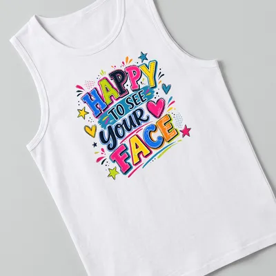Colorful illustration of a cheerful teacher with text 'Happy To See Your Face' — printed on a tank top