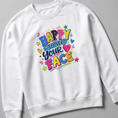 Colorful illustration of a cheerful teacher with text 'Happy To See Your Face' — printed on a unisex sweatshirt