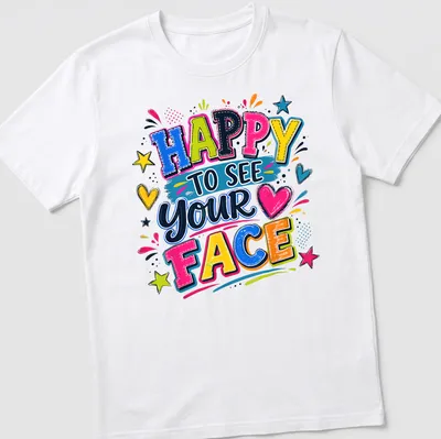 Colorful illustration of a cheerful teacher with text 'Happy To See Your Face'