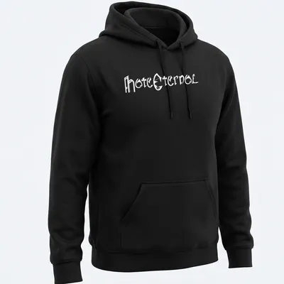 Bold typography of Hate Eternal printed on a black background — printed on a unisex hoodie