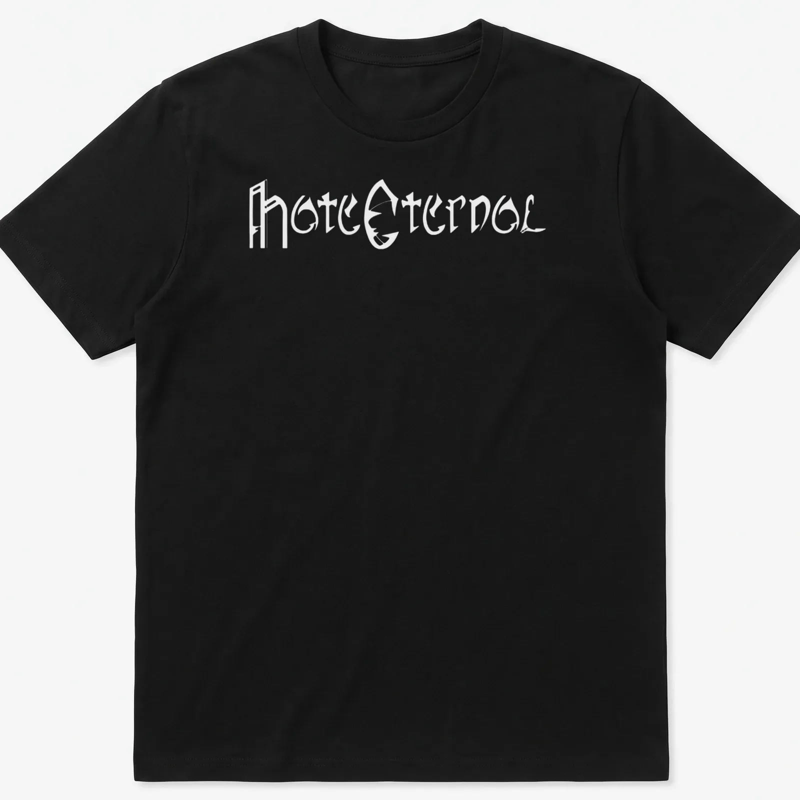 Bold typography of Hate Eternal printed on a black background — printed on a unisex t-shirt