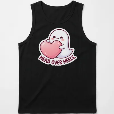 Kawaii ghost holding a heart with playful text in pink, white, and black — printed on a tank top