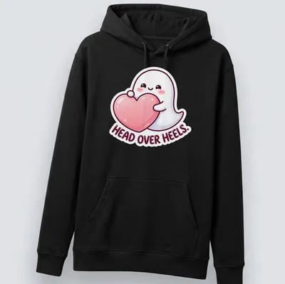 Kawaii ghost holding a heart with playful text in pink, white, and black — printed on a unisex hoodie