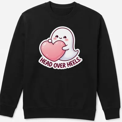 Kawaii ghost holding a heart with playful text in pink, white, and black — printed on a unisex sweatshirt