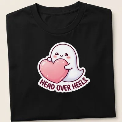 Kawaii ghost holding a heart with playful text in pink, white, and black