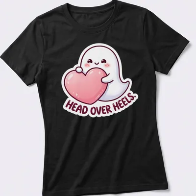 Kawaii ghost holding a heart with playful text in pink, white, and black — printed on a women's shirt