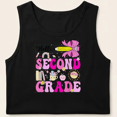 Cute kawaii design with pencil and bow, saying 'Hello SECOND GRADE' — printed on a tank top