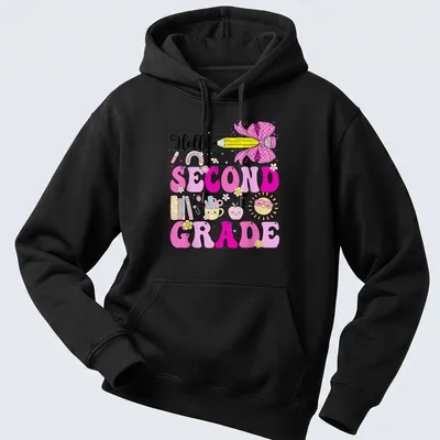Cute kawaii design with pencil and bow, saying 'Hello SECOND GRADE' — printed on a unisex hoodie