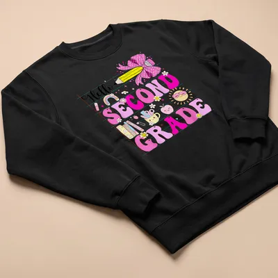 Cute kawaii design with pencil and bow, saying 'Hello SECOND GRADE' — printed on a unisex sweatshirt