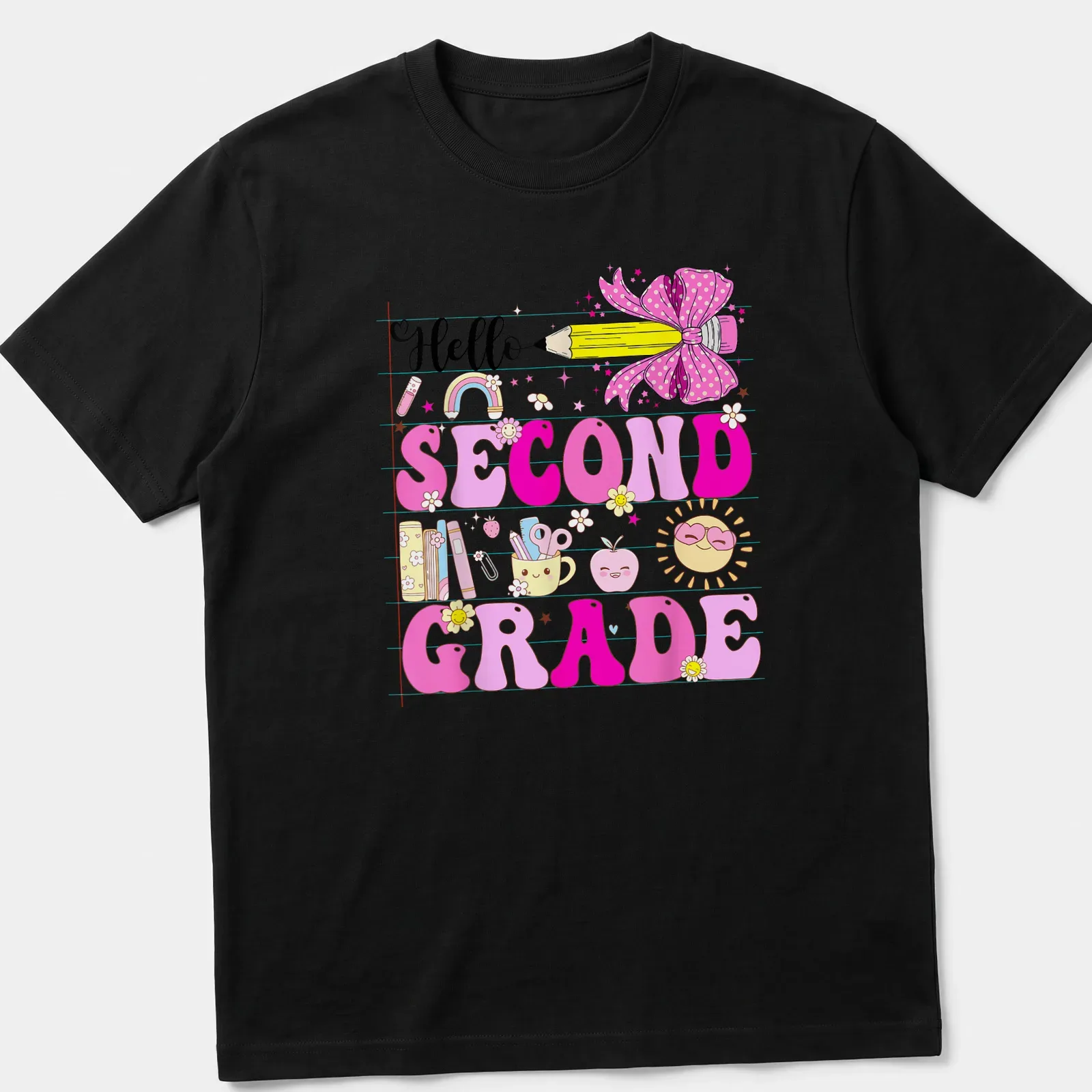 Cute kawaii design with pencil and bow, saying 'Hello SECOND GRADE' — printed on a unisex t-shirt