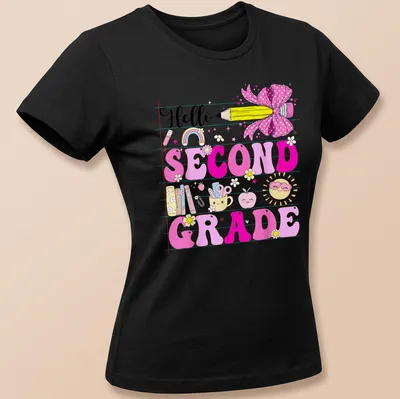 Cute kawaii design with pencil and bow, saying 'Hello SECOND GRADE' — printed on a women's shirt