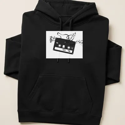 Minimalist design featuring a cassette tape and musical notes with HITS text — printed on a unisex hoodie
