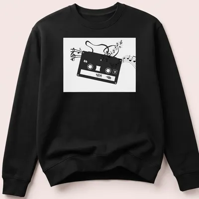 Minimalist design featuring a cassette tape and musical notes with HITS text — printed on a unisex sweatshirt