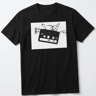 Minimalist design featuring a cassette tape and musical notes with HITS text