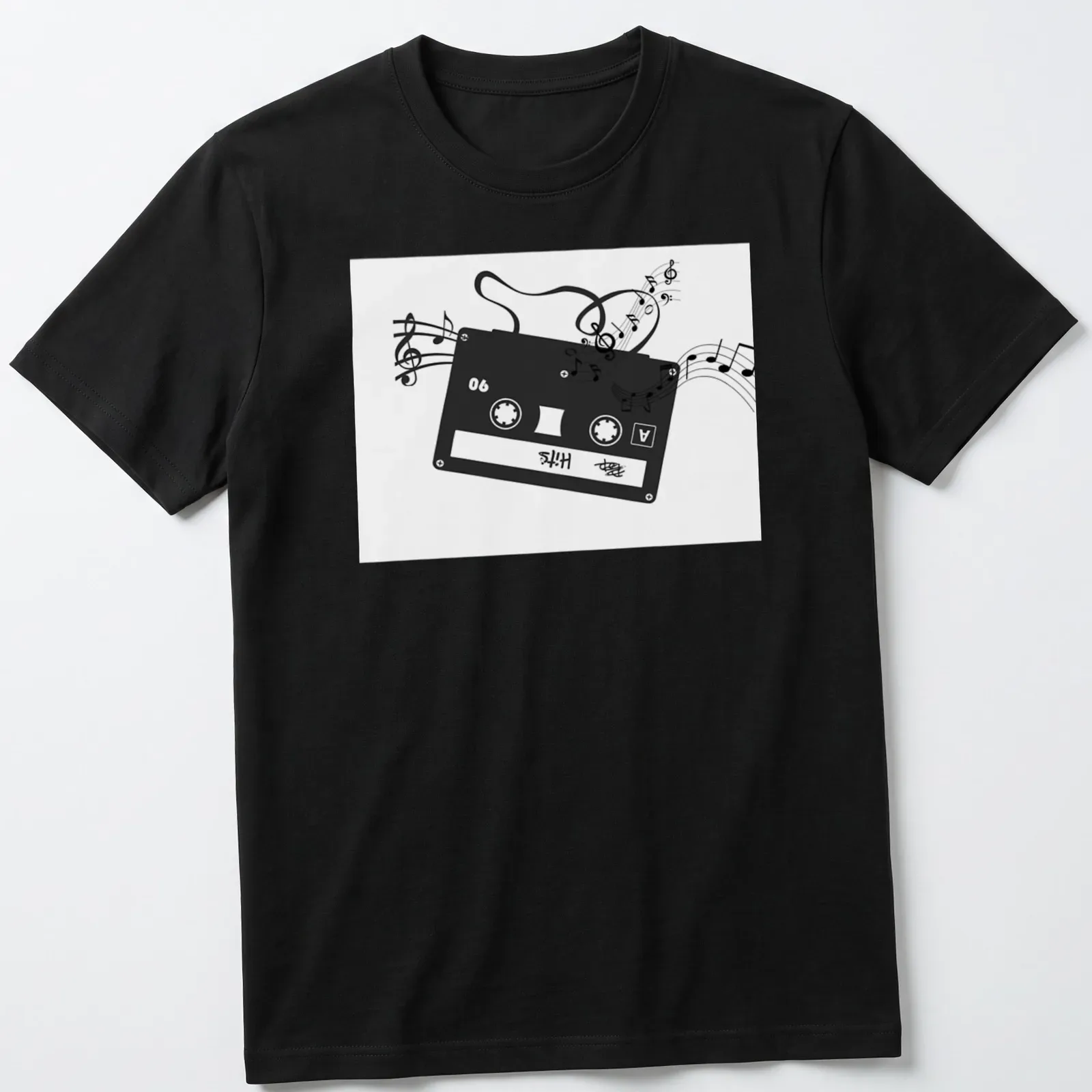 Minimalist design featuring a cassette tape and musical notes with HITS text — printed on a unisex t-shirt