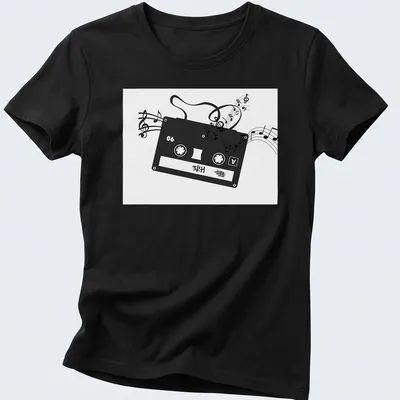 Minimalist design featuring a cassette tape and musical notes with HITS text — printed on a women's shirt