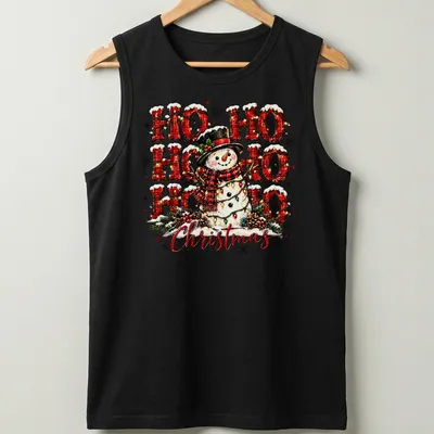 Colorful festive snowman with Ho Ho Ho Christmas text on a — printed on a tank top