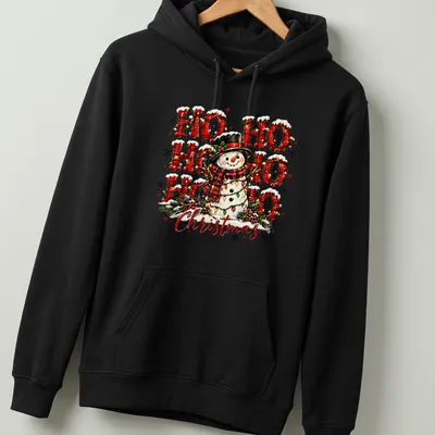Colorful festive snowman with Ho Ho Ho Christmas text on a — printed on a unisex hoodie