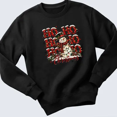 Colorful festive snowman with Ho Ho Ho Christmas text on a — printed on a unisex sweatshirt