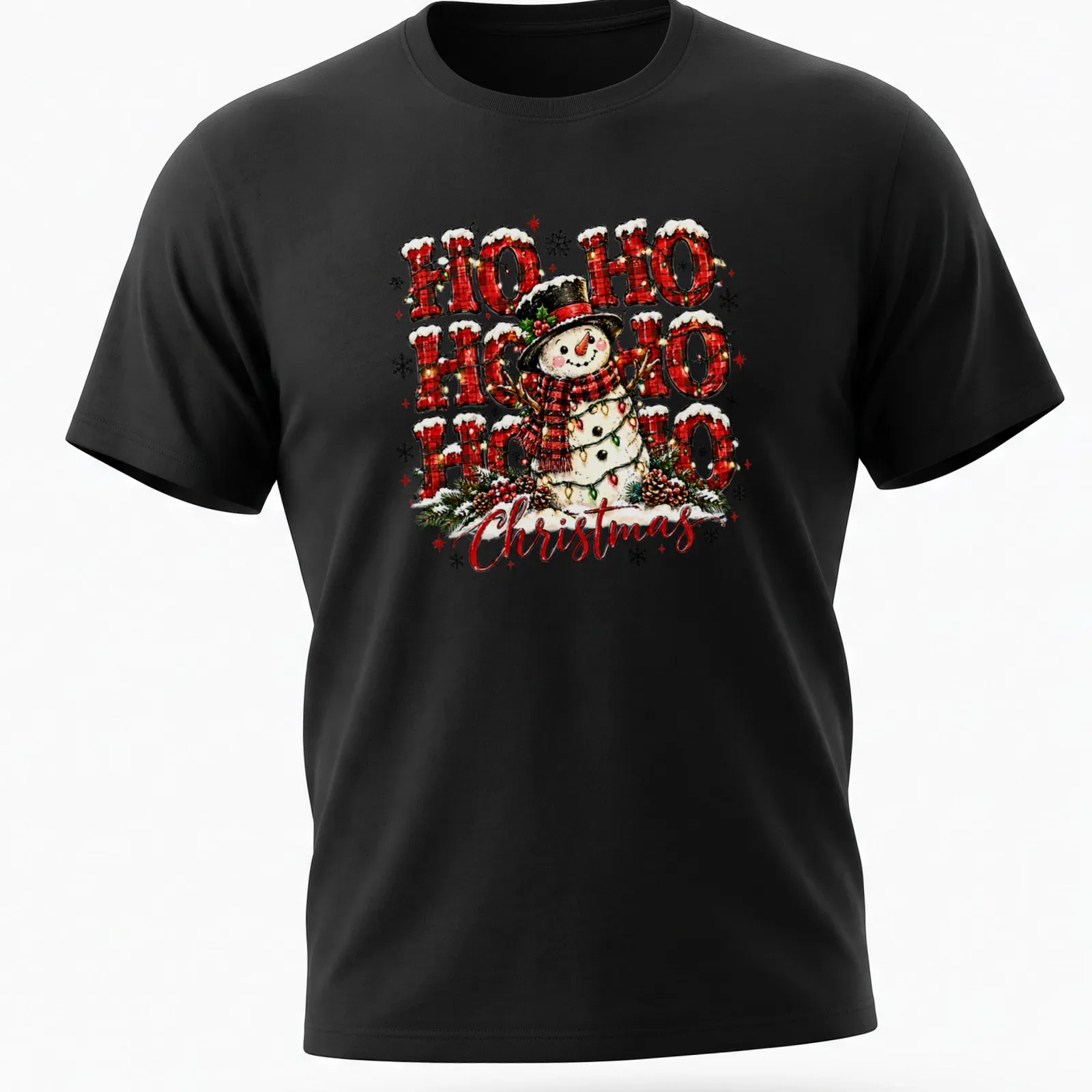 Colorful festive snowman with Ho Ho Ho Christmas text on a — printed on a unisex t-shirt