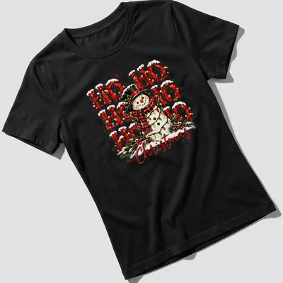 Colorful festive snowman with Ho Ho Ho Christmas text on a — printed on a women's shirt