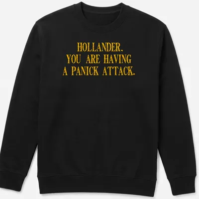 Bold distressed text reading 'HOLLANDER, YOU ARE HAVING A PANICK ATTACK' in yellow — printed on a unisex sweatshirt