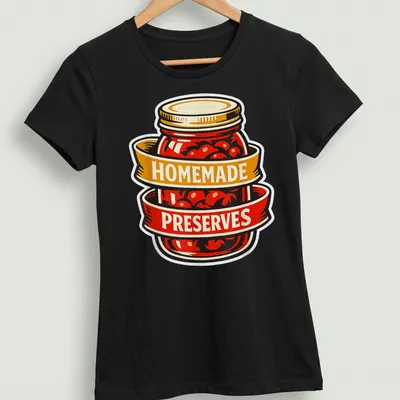 Vintage design featuring a jar of homemade preserves with bold text — printed on a women's shirt