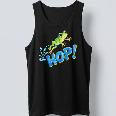 Watercolor design of a happy jumping baby frog with the text HOP! — printed on a tank top