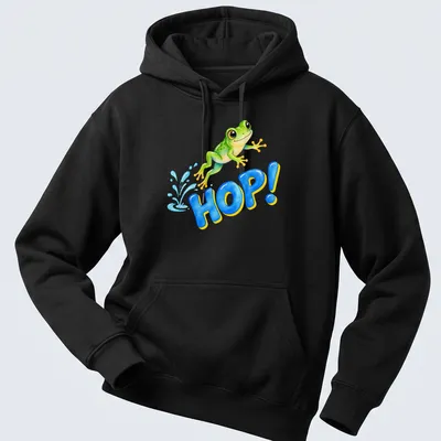 Watercolor design of a happy jumping baby frog with the text HOP! — printed on a unisex hoodie