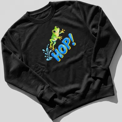 Watercolor design of a happy jumping baby frog with the text HOP! — printed on a unisex sweatshirt