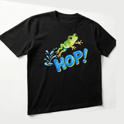 Watercolor design of a happy jumping baby frog with the text HOP! — printed on a unisex t-shirt (angled view)