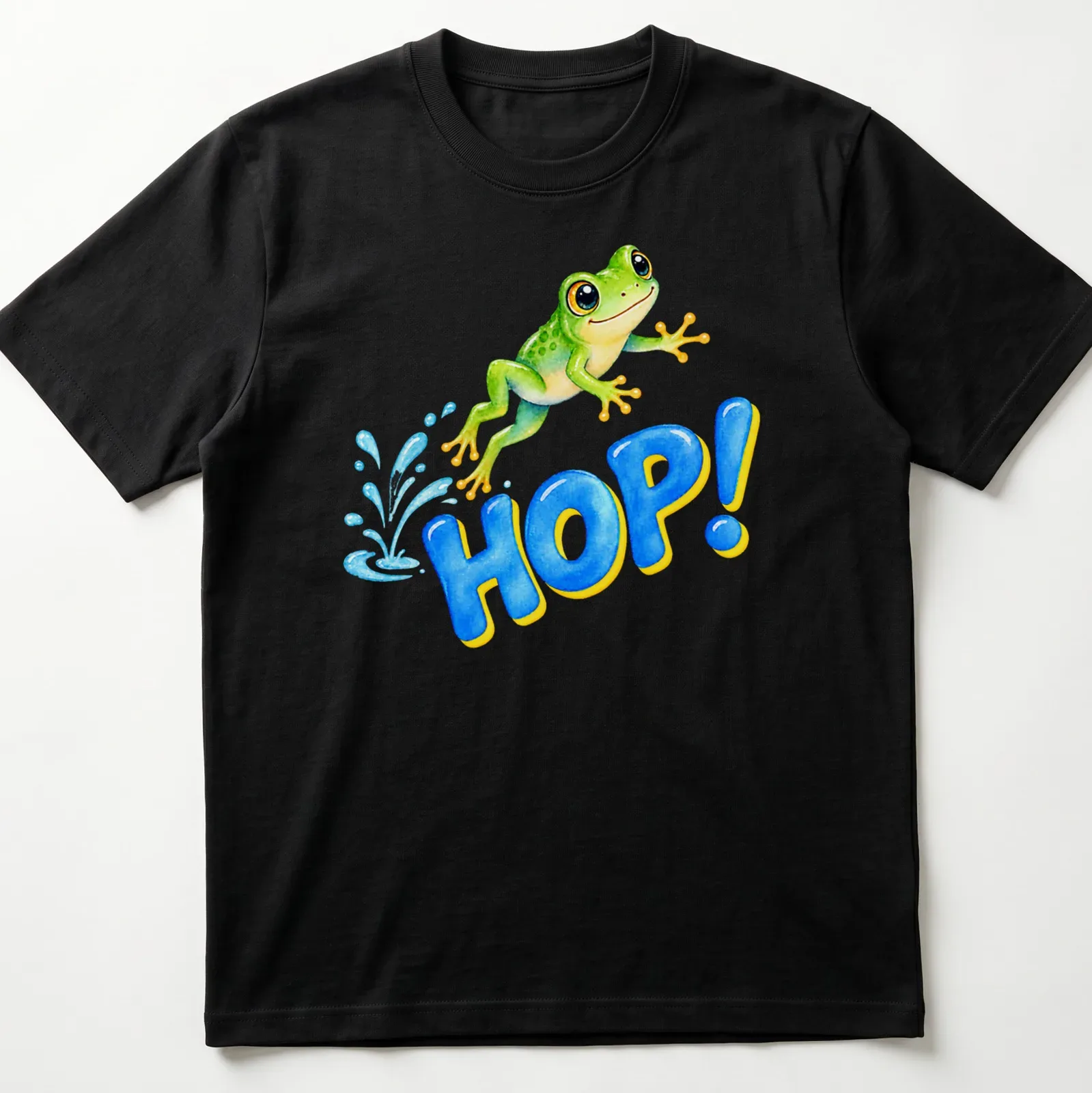 Watercolor design of a happy jumping baby frog with the text HOP! — printed on a unisex t-shirt