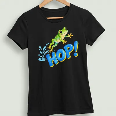 Watercolor design of a happy jumping baby frog with the text HOP! — printed on a women's shirt