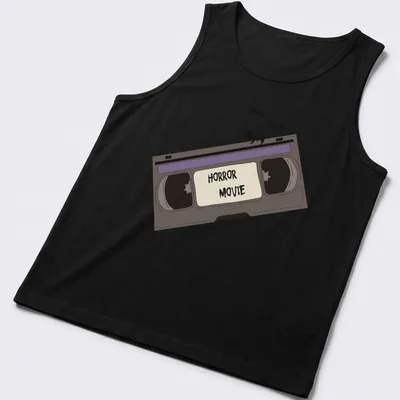 Cartoon-style shirt with a VHS tape and bats, featuring bold 'HORROR MOVIE' text. — printed on a tank top