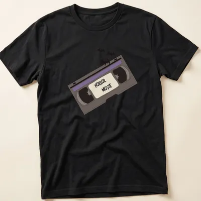 Cartoon-style shirt with a VHS tape and bats, featuring bold 'HORROR MOVIE' text. — printed on a unisex t-shirt