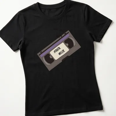 Cartoon-style shirt with a VHS tape and bats, featuring bold 'HORROR MOVIE' text. — printed on a women's shirt
