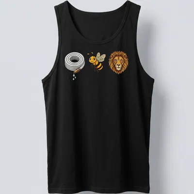 Cartoon design of a hose, bee, and lion in a humorous pun illustration — printed on a tank top