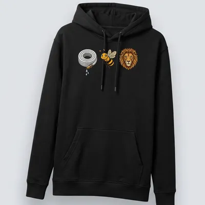 Cartoon design of a hose, bee, and lion in a humorous pun illustration — printed on a unisex hoodie