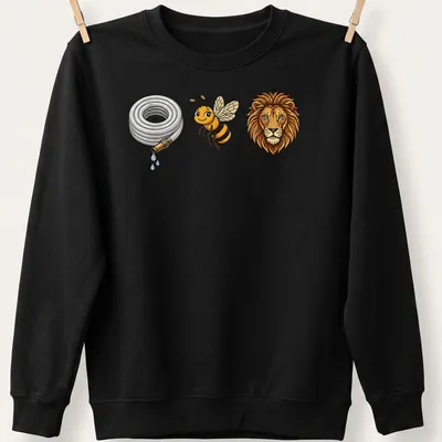 Cartoon design of a hose, bee, and lion in a humorous pun illustration — printed on a unisex sweatshirt